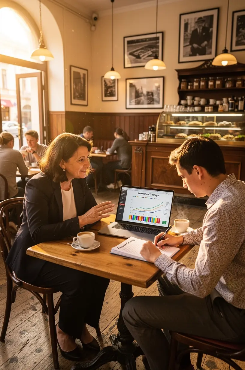 Személyes pénzügyi tanácsadás élő konzultáción egy szakértővel egy modern irodában.