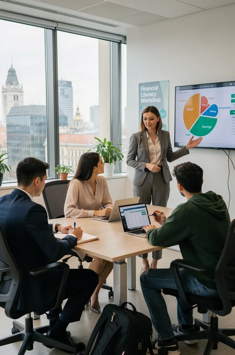 Könyvek személyes pénzügyi alapokról, rendezett könyvespolcon, oktatási célokra.